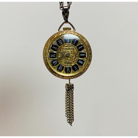 Vintage Mechanical Pendant Watch Necklace Tassel Gold-Tone Filagree Swiss Made - Picture 7 of 10